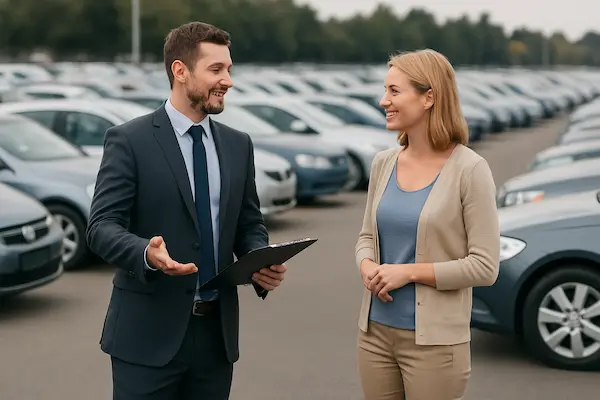 Ein Autoverkäufer spricht mit einer Frau auf einem großen Parkplatz mit vielen Autos.