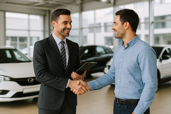 Verkaufsgespräch beim Autohändler. Ein Verkäufer und ein Kunde unterhalten sich.